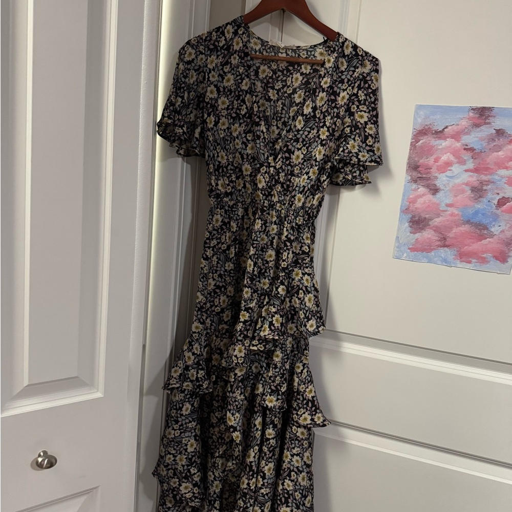 Lovestitch Black and Cream Floral Midi Dress